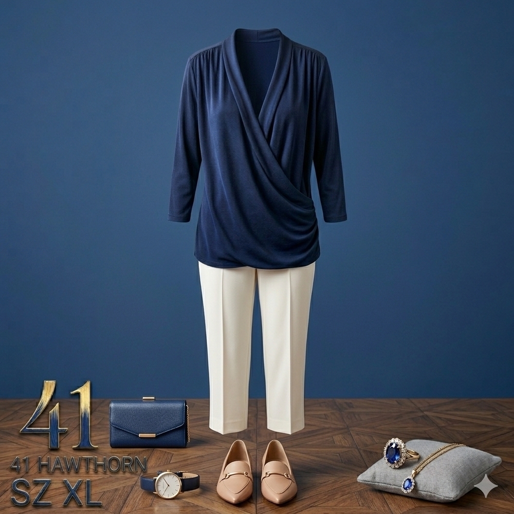 41 Hawthorn Navy Draped Wrap-Front Blouse - Picture 2 of 13